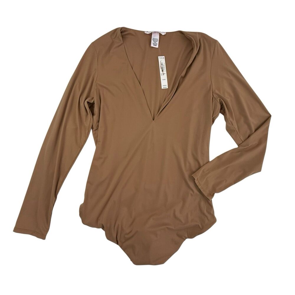 Victoria's Secret NEW Long Sleeve V Neck Snap On Teddy Bodysuit XL Tan